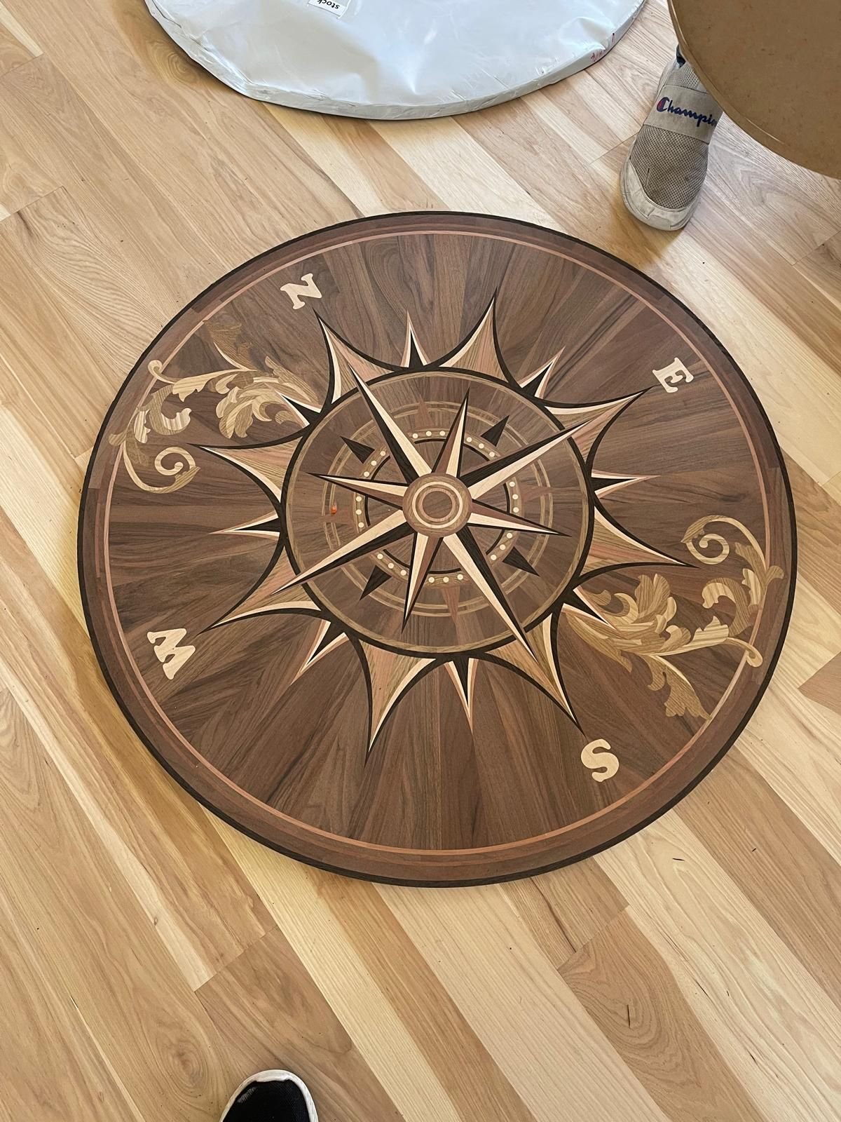 Rose compass medallion with marquetry acanthus scrolls — black walnut and maple, custom commission
