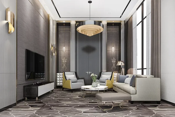 Classic luxury living room with an intricate inlaid floor
