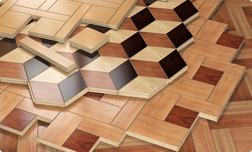 Sample board showing different types of decorative patterned wood flooring