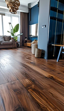Rich walnut-toned plank flooring in an open living space at dusk