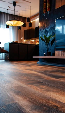 Refinished hardwood floor with deep grain in a styled modern interior