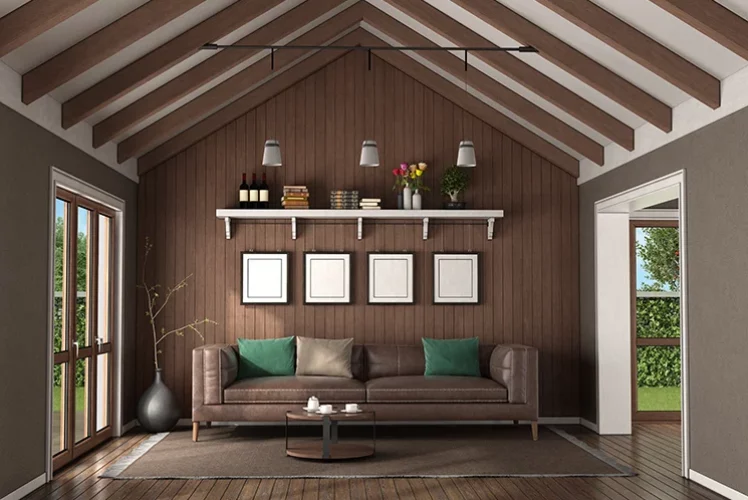 Elegant living room with a wood-clad wall and rich hardwood flooring