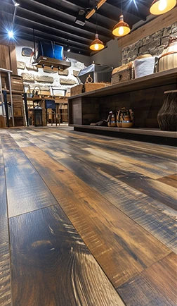 Freshly sanded dark hardwood floor in a room with industrial pendant lighting