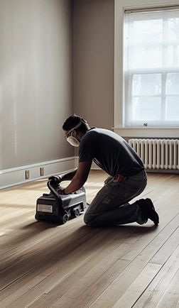 Technician sanding a hardwood floor with a floor machine
