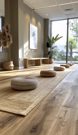 Open living room with wood-look flooring and yoga equipment