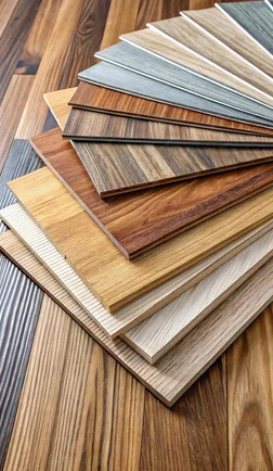 Stacked laminate and vinyl plank flooring samples