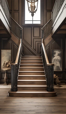 Custom hardwood staircase with carved balusters in an entryway
