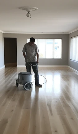 Technician restoring a hardwood floor with a buffing machine