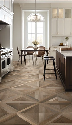 Decorative geometric parquet mosaic floor in a bright dining room
