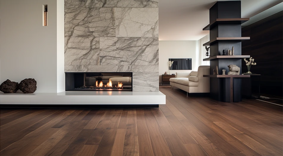 Wide-plank walnut flooring in a modern living room with a marble fireplace