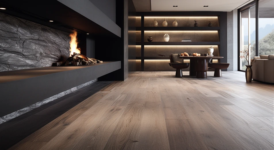 Light oak wide-plank flooring in a modern dining room with a dark stone fireplace