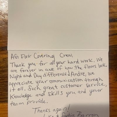 Handwritten thank-you card from Jake & Sophia Barron praising AG Floor Covering's crew