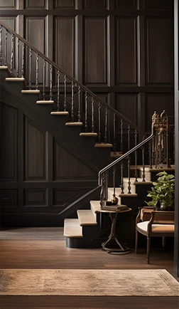 Wooden staircase rising along a wood-paneled wall in a warmly lit home