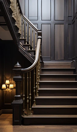 Curved hardwood staircase with a wooden railing and newel post
