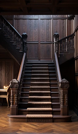 Straight wooden staircase with a banister in a paneled entry hall